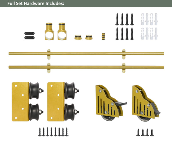 DIYHD Sliding Library Hardware Rolling Full Set Track Kit(No Ladder), Floor Roller with Brake,Golden Surface