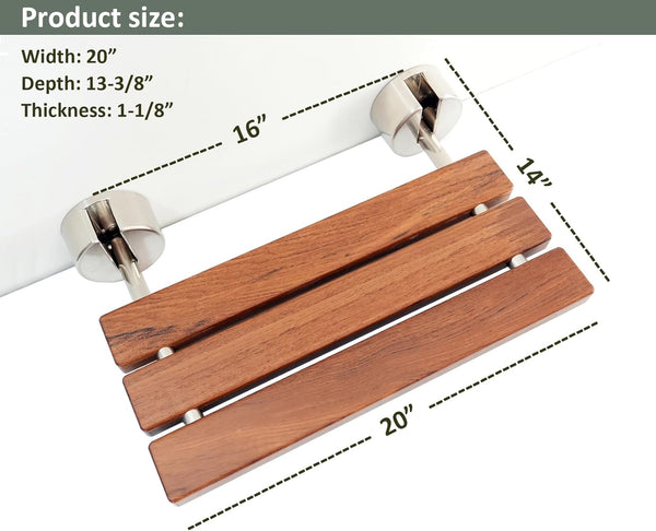 DIYHD 20" Modern Teak Wood Folding Shower Seat Bench Brushed Wall Mounted Shower Bench