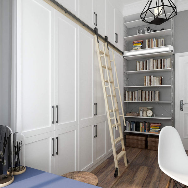 DIYHD Glab Handle Knotty Pine Wood Ladder Sliding Library Roller Ladder,Fit FD Black Track Library Sliding Hardware
