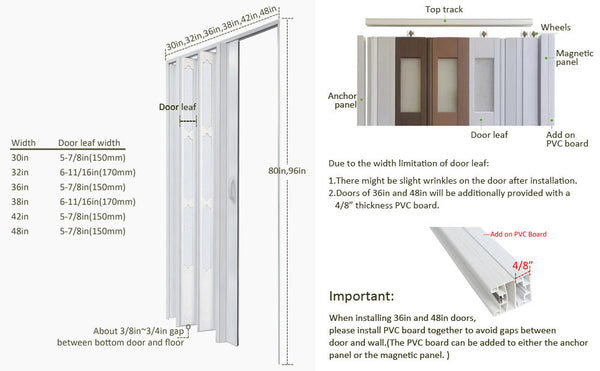 DIYHD 36X80in Interior Accordion Folding Door for Closet,PVC with Frosted Acrylic Glass,Installation Hardware,Handle,Lock Included