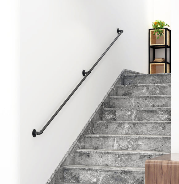 DIYHD Stair Black Pipe Handrail with 3 Wall Mount Supports,Round Corner Rustic Black Staircase Handrail