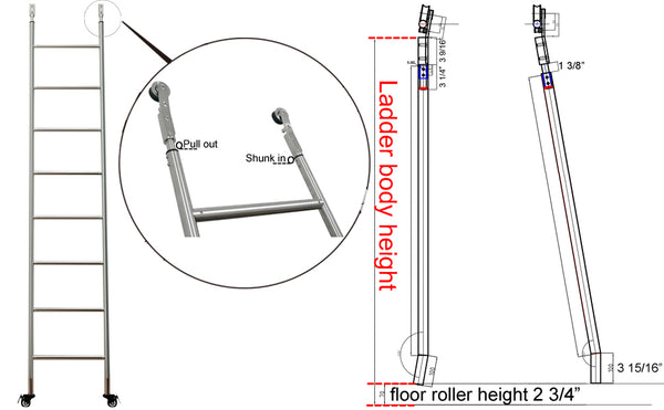 DIYHD Custom Made Tensible Stainless Steel Stand Up Rolling Library Ladder,Including Floor Roller,No Top Roller